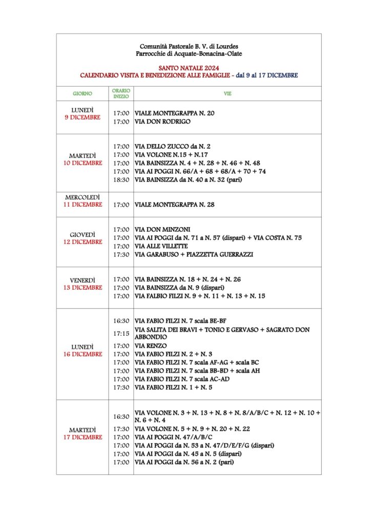 Calendario visita e benedizione alle famiglie – 6° settimana