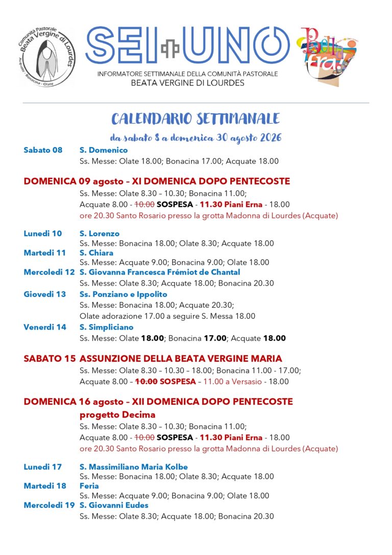 Calendario settimanale da sabato 8 a domenica 30 agosto